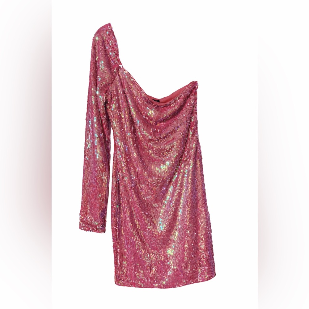 Lulu’s Pink Sequin One-Shoulder Mini Dress | Size L | NWT